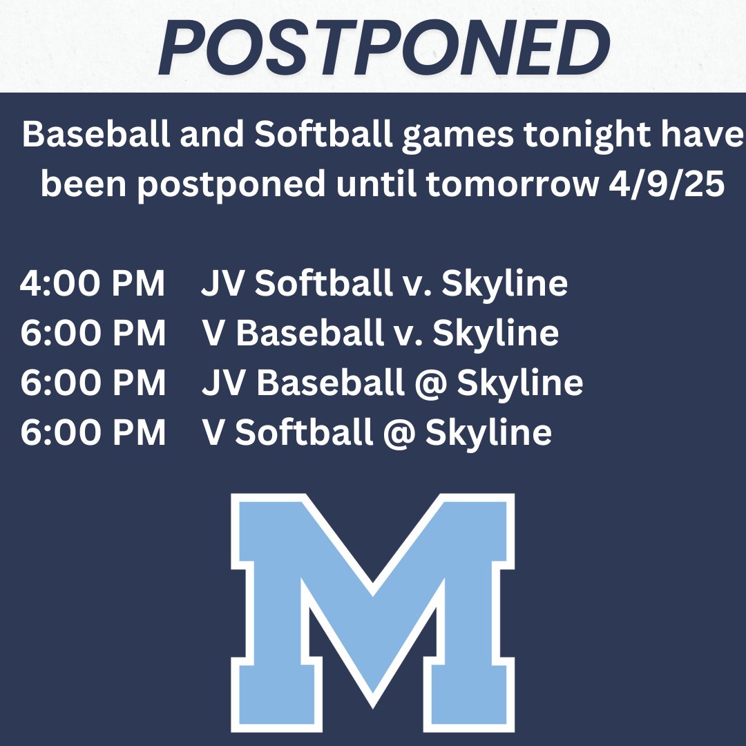 The baseball and softball games tonight have been postponed due to field conditions at Millbrook and Skyline. They will be played tomorrow.