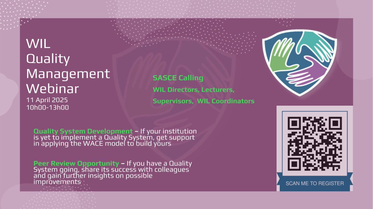 Sasce_students's tweet photo. 📢 WIL Quality Management Webinar
🗓️ 11 April 2025 | ⏰ 10h00–13h00
🎯 For WIL Directors, Lecturers, Supervisors &amp; Coordinators
✔️ Build or improve your Quality System
📲 Scan QR to register!
#WIL2025 #SASCE #QualityManagement #HigherEd #AcademicDevelopment #WILWebinar https://t.co/77q500bH5H