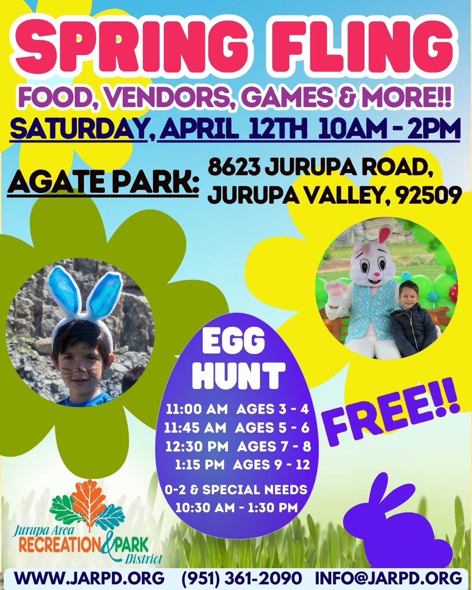 JARPD1984's tweet photo. Hop on over to Agate Park (8623 Jurupa Rd, Jurupa Valley, 92509) from 10:00 AM to 2:00 PM for Spring Fling THIS Saturday, April 12th! 🐇✨ Bring your basket and get ready for a day filled with fun! Including an egg hunt, arts &amp; crafts, and a visit from Hoppy the bunny! #jarpd4fun https://t.co/36XbGMt305