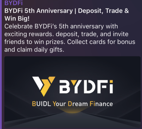 Happy 5th Anniversary to BYDFI! Users can win big from a 100,000 USDT prize pool by participating. Get your account started here for 15% cash back and up to 8,100 USDT in deposit bonus. 
partner.bydfi.com/register?vipCo…