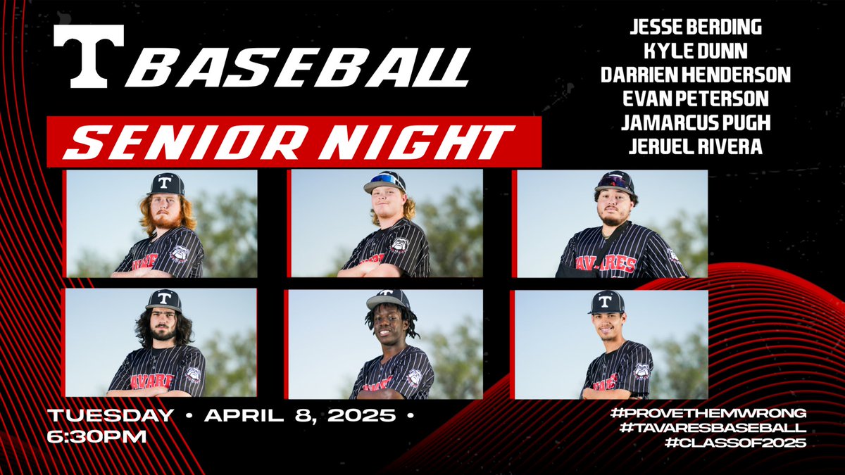 ‼️SENIOR NIGHT‼️

Come out and support The Dawgs tonight as we honor our 6 Seniors for Senior Night against First Academy Leesburg! First pitch set for 6:30PM! 🔴⚪️

🆚: FA Leesburg vs Tavares
⏰: 6:30 PM
📍: Fred Stover Field

#SeniorNight2025 #ProveThemWrong #TavaresBaseball
