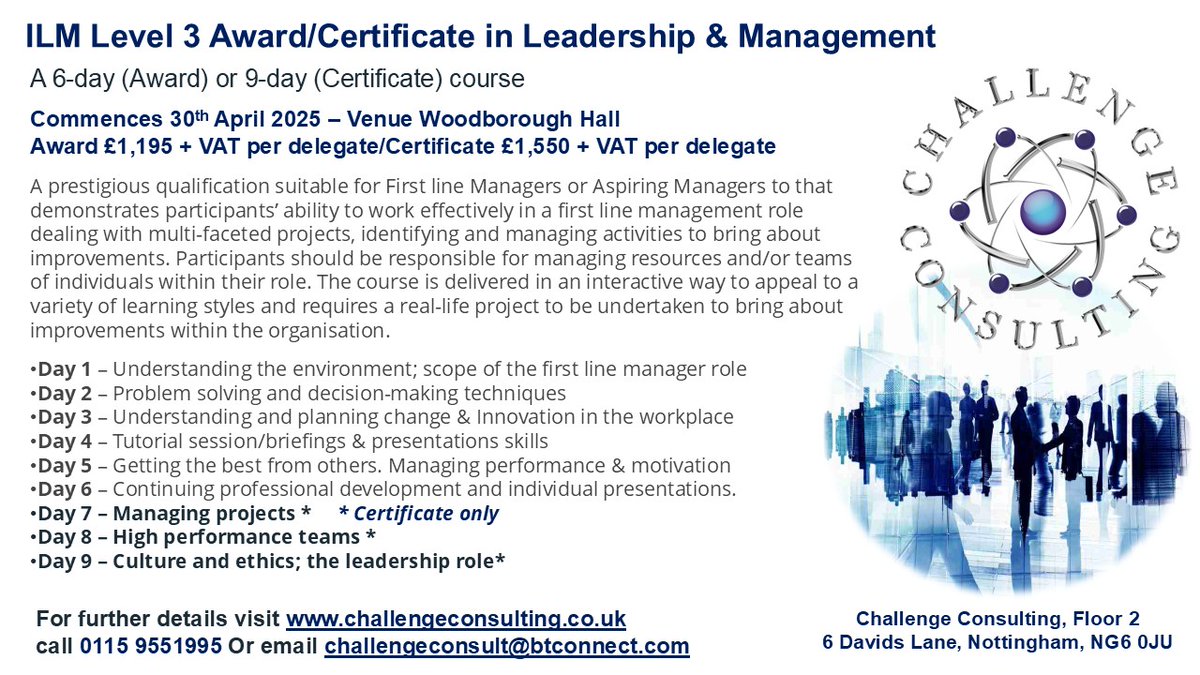 challenge_notts's tweet image. Last few places - ILM Level 3 Certificate in Leadership & Management 9 day course delivered in Nottingham - mailchi.mp/f99c2c0f2a8a/l…