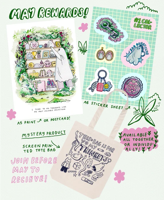 reward reveal here's the print and other goodies that are going out to patrons next month!! Obsessed with the tote bag ngl…  