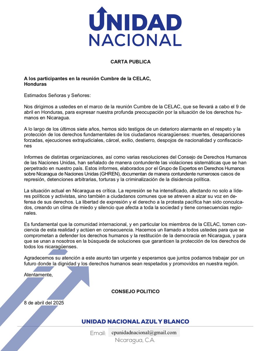 Carta abierta a la cumbre de la CELAC: Los países democráticos miembros de la #CELAC deben tomar conciencia de la situación que se vive en #Nicaragua y actuar en consecuencia.