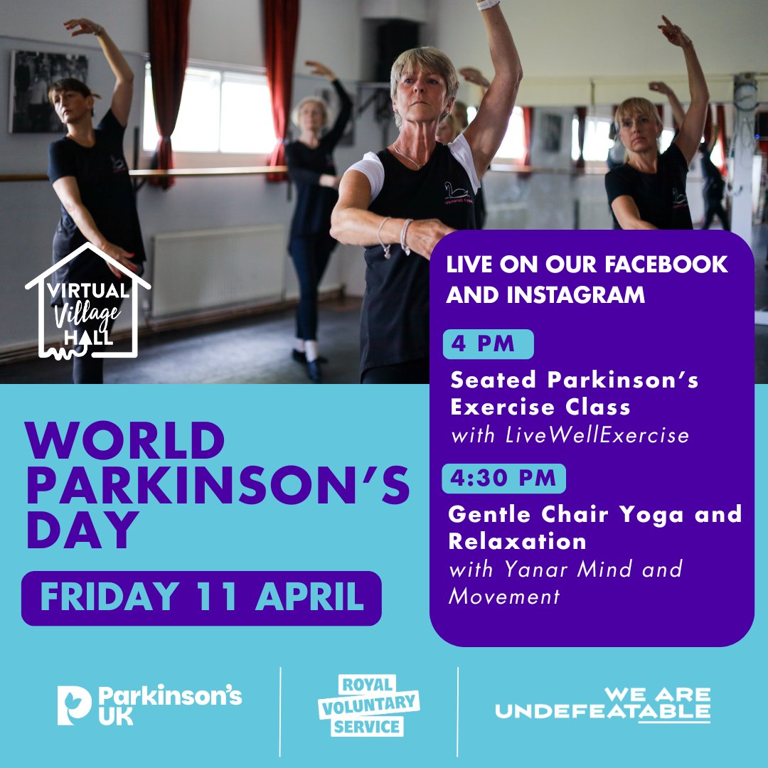 We Are Undefeatable (@undefeatable) on Twitter photo We're excited to be celebrating #WorldParkinsonsDay with the <a href="/VirtualVillHall/">Virtual Village Hall by Royal Voluntary Service</a> and <a href="/ParkinsonsUK/">Parkinson's UK</a>!
On Friday 11th April we'll be co-hosting two condition friendly movement sessions on Instagram and Facebook Live.
Find out more 👇 We're excited to be celebrating #WorldParkinsonsDay with the <a href="/VirtualVillHall/">Virtual Village Hall by Royal Voluntary Service</a> and <a href="/ParkinsonsUK/">Parkinson's UK</a>!
On Friday 11th April we'll be co-hosting two condition friendly movement sessions on Instagram and Facebook Live.
Find out more 👇