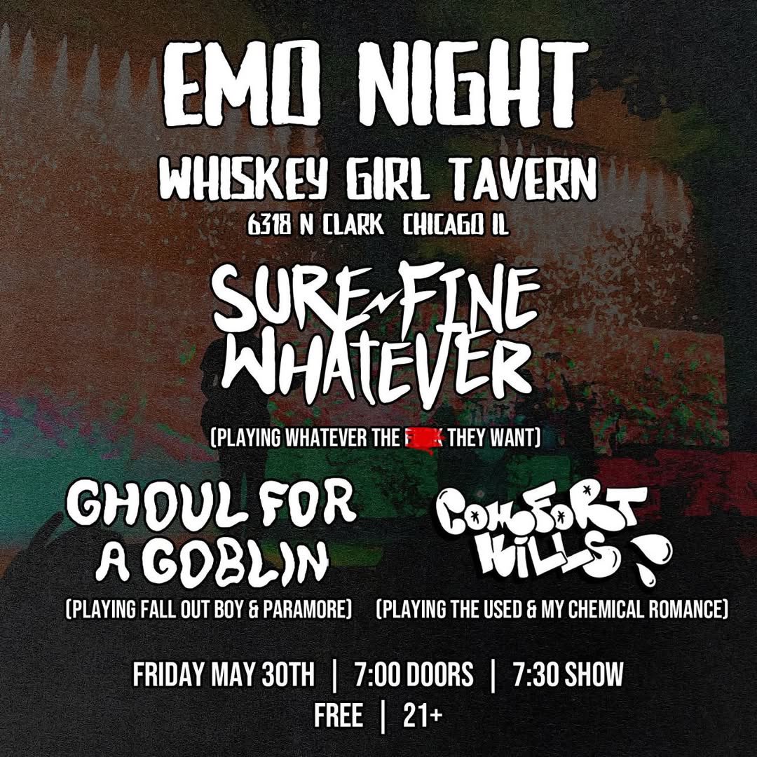 FREE SHOW! We’re getting together with our great buds Sure Fine Whatever and Comfort Kills for a FREE (!!!) marathon of emo night cover sets at <a href="/WhiskeyGirlTvrn/">Whiskey Girl Tavern</a> next month. Let’s kick off summer together at the pop punk function, yeah?