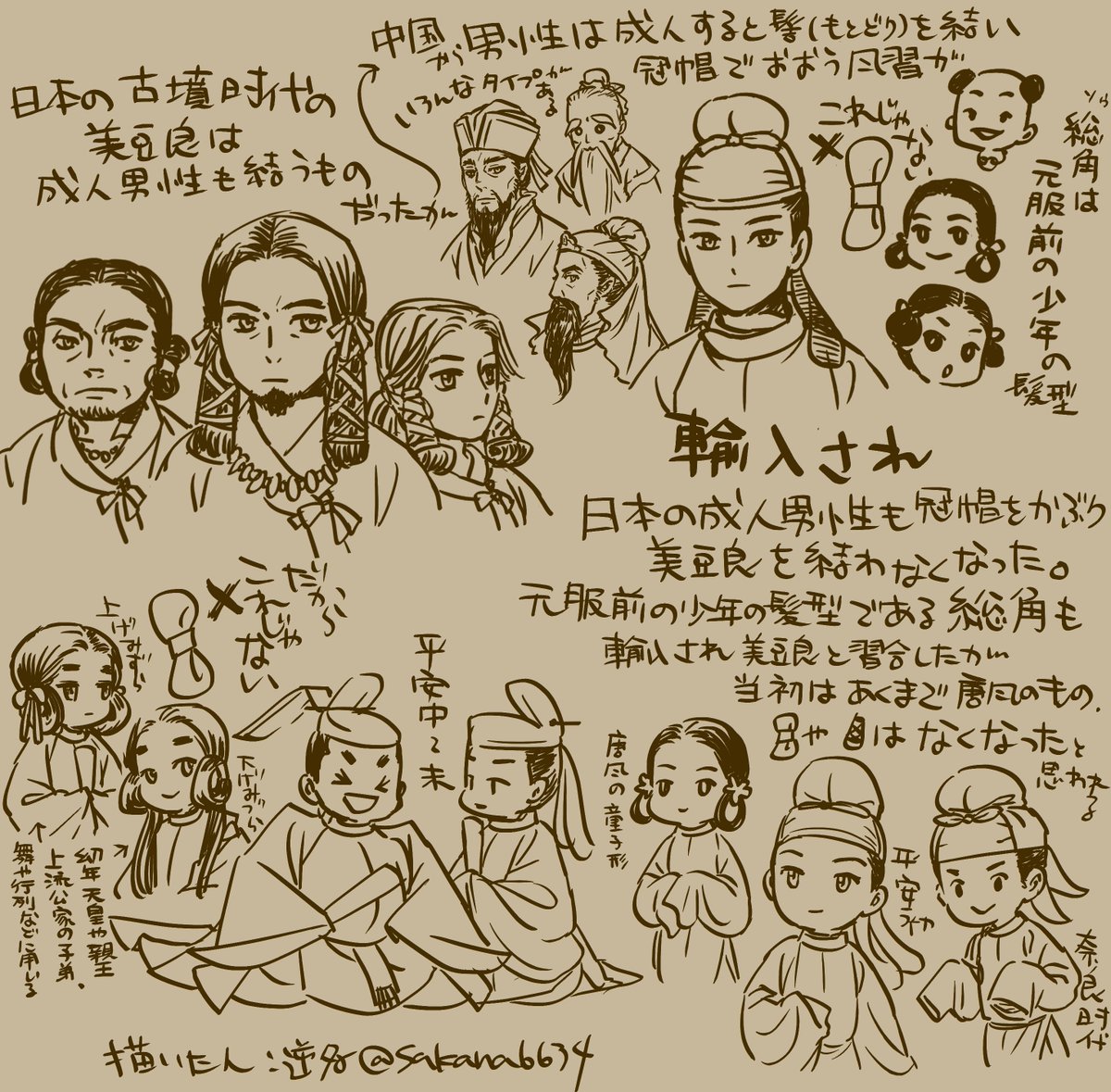 ちなみにこのアカウントの本命は、人物埴輪から類推される古代日本男性の結髪「美豆良(みづら)」…から、古代中国の童子の結髪「総角」と習合して童子の髪型になっていった鬟(みずら)/総角(そうかく・あげまき)/鬢頬(びんづら) です。みづらをよろしくね! #みづらはいいぞ 