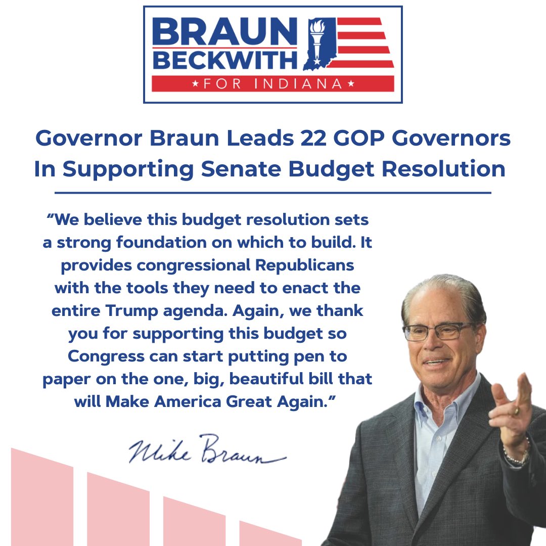 Mike Braun (@braun4indiana) on Twitter photo Proud to lead 22 GOP Governors in standing with <a href="/realDonaldTrump/">Donald J. Trump</a> in supporting the Senate budget resolution that will allow Congress to deliver on the policies for which Americans voted. We must secure the border, unleash American energy, restore military supremacy, fight Proud to lead 22 GOP Governors in standing with <a href="/realDonaldTrump/">Donald J. Trump</a> in supporting the Senate budget resolution that will allow Congress to deliver on the policies for which Americans voted. We must secure the border, unleash American energy, restore military supremacy, fight