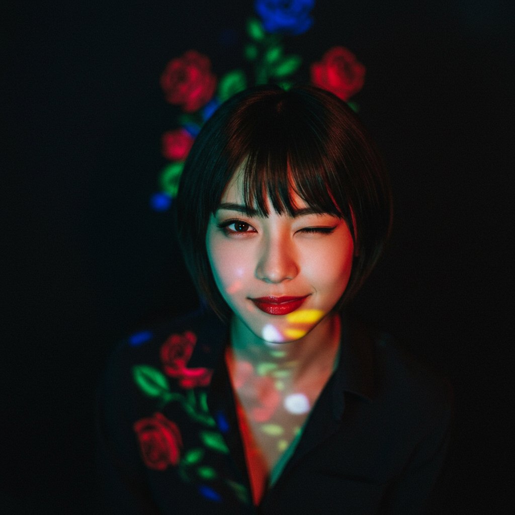 Dd41Giant's tweet photo. #Imagefx #Promptshare
Overhead shot Extremely grainy low quality photo taken with leicaM2 using color film at iso800. Realistic depth of field Bokeh effect Beautiful shadows Artistic composition A very beautiful Japanese movie actress with short hair and red lips wearing a black shirt. Only her breasts and shoulders are visible, the rest is hidden by soft focus. Her expression is winking and smiling, and she is photographed from the front with a symmetrical colorful rose stained glass projection mapping projection. The background is a black wall, in contrast to the woman's figure. The lighting is soft and diffused, creating a moody, ethereal atmosphere. The image is smooth with high contrast, deep blacks and bright whites, and no rough lines or textures. The overall effect is soft-focus and slightly ghostly.