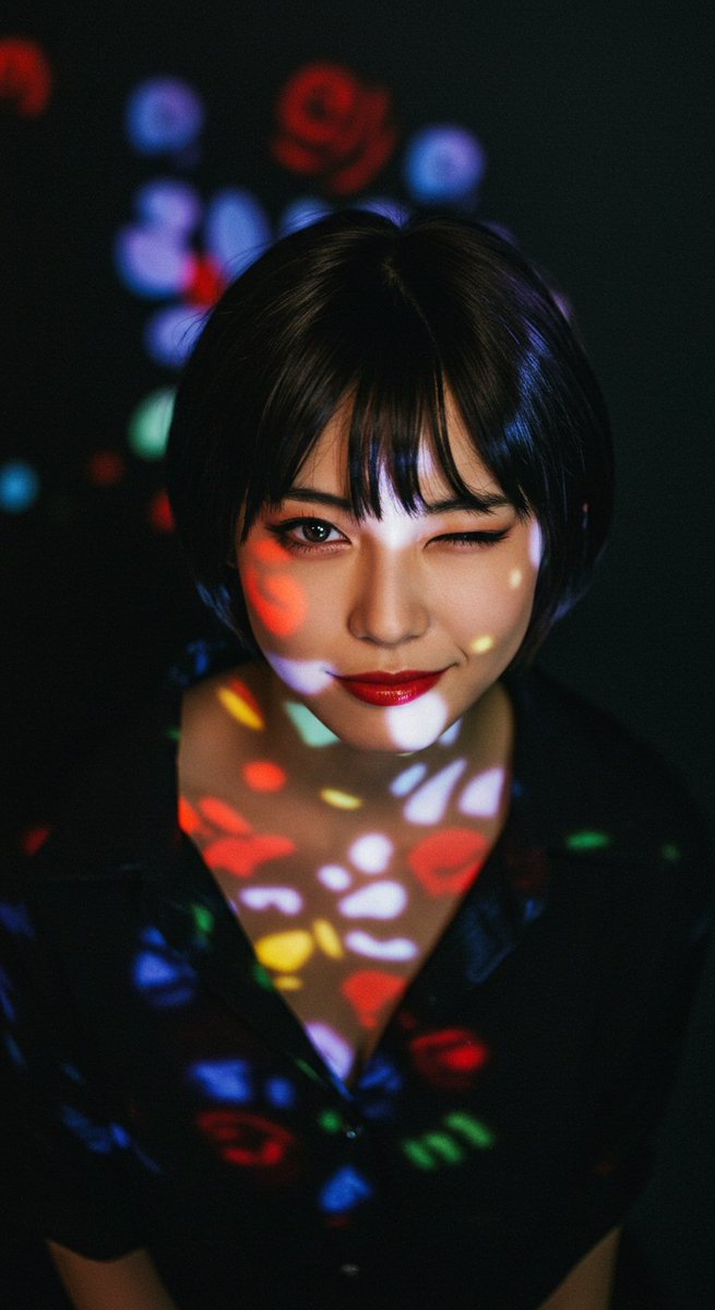 Dd41Giant's tweet photo. #Imagefx #Promptshare
Overhead shot Extremely grainy low quality photo taken with leicaM2 using color film at iso800. Realistic depth of field Bokeh effect Beautiful shadows Artistic composition A very beautiful Japanese movie actress with short hair and red lips wearing a black shirt. Only her breasts and shoulders are visible, the rest is hidden by soft focus. Her expression is winking and smiling, and she is photographed from the front with a symmetrical colorful rose stained glass projection mapping projection. The background is a black wall, in contrast to the woman's figure. The lighting is soft and diffused, creating a moody, ethereal atmosphere. The image is smooth with high contrast, deep blacks and bright whites, and no rough lines or textures. The overall effect is soft-focus and slightly ghostly.