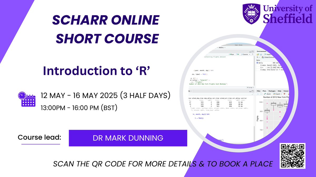 SCHARR (@scharrsheffield) on Twitter photo We have a brand new <a href="/SCHARRSheffield/">SCHARR</a> online course - Introduction to 'R'
The course is led by <a href="/DrMarkDunning/">Mark Dunning</a> <a href="/SheffBioinfCore/">Sheffield Bioinformatics Core</a> and runs over 3 half days and provides a basic introduction to & overview of the use of the free statistical software, R
Details
sheffield.ac.uk/smph/modules/i… We have a brand new <a href="/SCHARRSheffield/">SCHARR</a> online course - Introduction to 'R'
The course is led by <a href="/DrMarkDunning/">Mark Dunning</a> <a href="/SheffBioinfCore/">Sheffield Bioinformatics Core</a> and runs over 3 half days and provides a basic introduction to & overview of the use of the free statistical software, R
Details
sheffield.ac.uk/smph/modules/i…