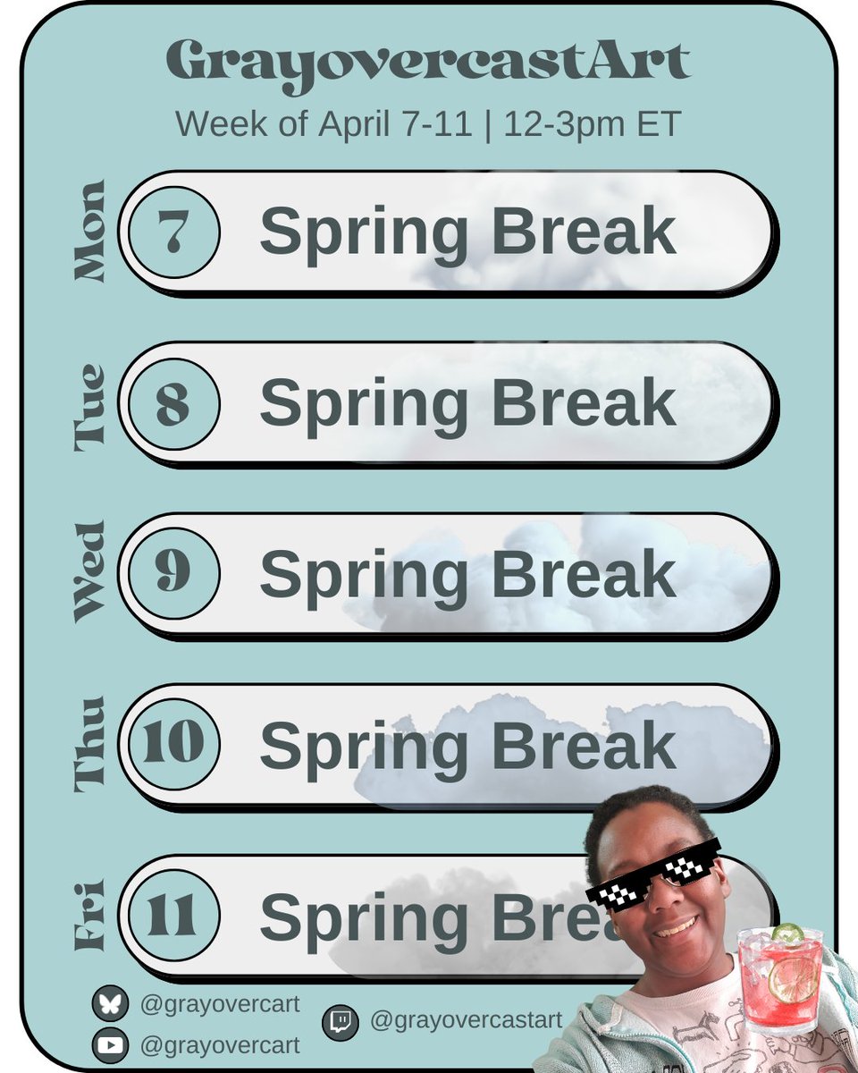 𝐍𝐨 𝐒𝐭𝐫𝐞𝐚𝐦𝐬 𝐓𝐡𝐢𝐬 𝐖𝐞𝐞𝐤!   
  
Every quarter or so, I take a week off for mental health, to tidy, to catch up on projects, and to reassess my Twitch Channel!   
  
Will be back on April 15th with digital art! It's a DTIYS to celebrate 900 on Instagram! See you then!