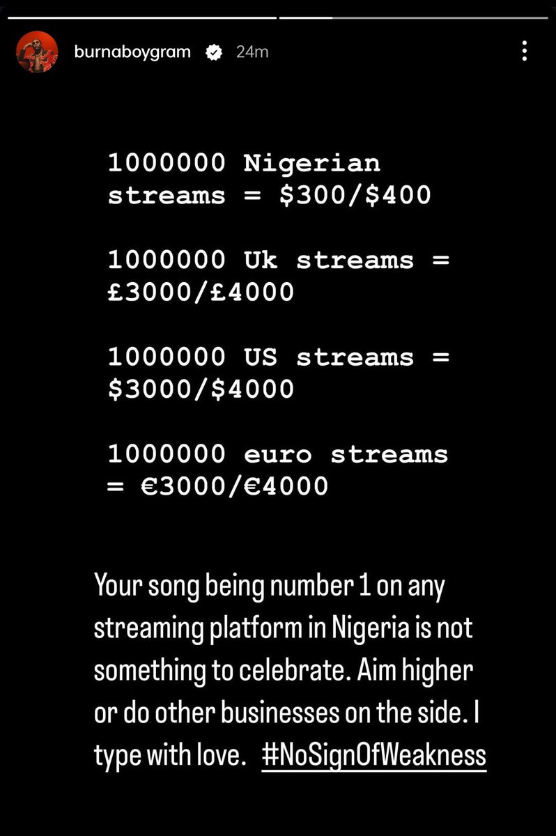 afrofrench9ja's tweet photo. 🚨| Burna Boy via IG story 

« Être numéro 1 sur une plateforme de streaming au Nigeria n’est pas une raison de célébrer. Visez plus haut ou lancez d’autres business à côté. J’écris avec amour. #NoSignOfWeakness » 🗣️ https://t.co/11Kbp0M7Fz