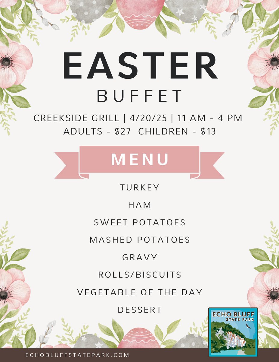 Join us for an egg-citing Easter Buffet this Sunday from 11am-4pm at Echo Bluff! Bring your family and hop on over for delicious treats! 🐰🌷
