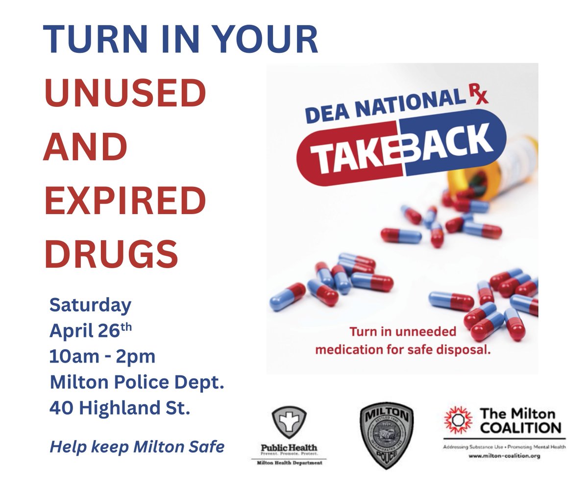 Saturday, April 26th is Drug Take Back Day! Unused and expired prescription medication can be turned in at the Milton Police Department from 10am - 2pm. Just drive up and drop them off. Thank you for your help in keeping our community safe😃