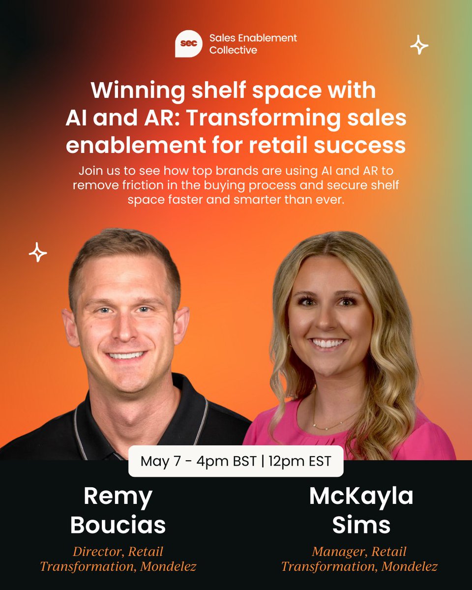 sec_collective's tweet photo. The future of retail is here: AI &amp; AR. Are you ready?

Join this live session on May 7 at 4pm BST/ 12pm EST with industry experts from Mondelēz International and Pitcher.

Register now - https://t.co/8VrEXlUnge

#salesenablement #AI https://t.co/7dpo4VHdww