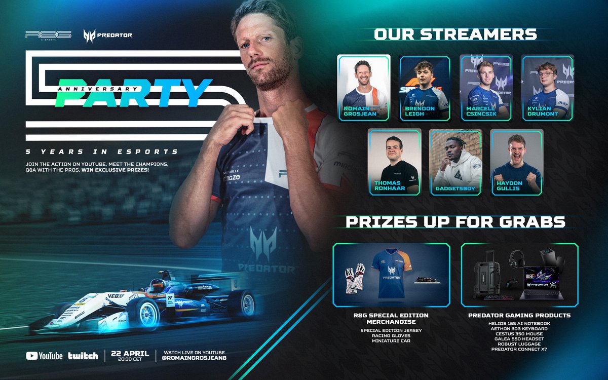 🎉✨ It's time soon to celebrate R8G eSports' 5th anniversary! Join us on April 22nd for an unforgettable livestream.  We can't wait to party with you all, alongside special guests like Gadgetsboy &amp; Haydon Gullis 🏎️🎈 Lots of exclusive prizes to win each week &amp; during the stream!