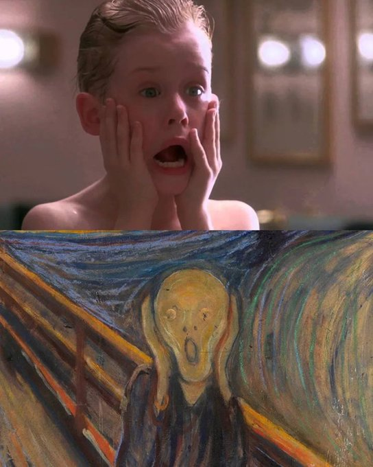 Escenas icónicas del cine inspiradas en el arte. 🎬

🧵 HILO:

1. Home Alone (1990) – El grito, Edvard Munch (1893).

La escena del aftershave es una parodia perfecta del grito más famoso del arte.