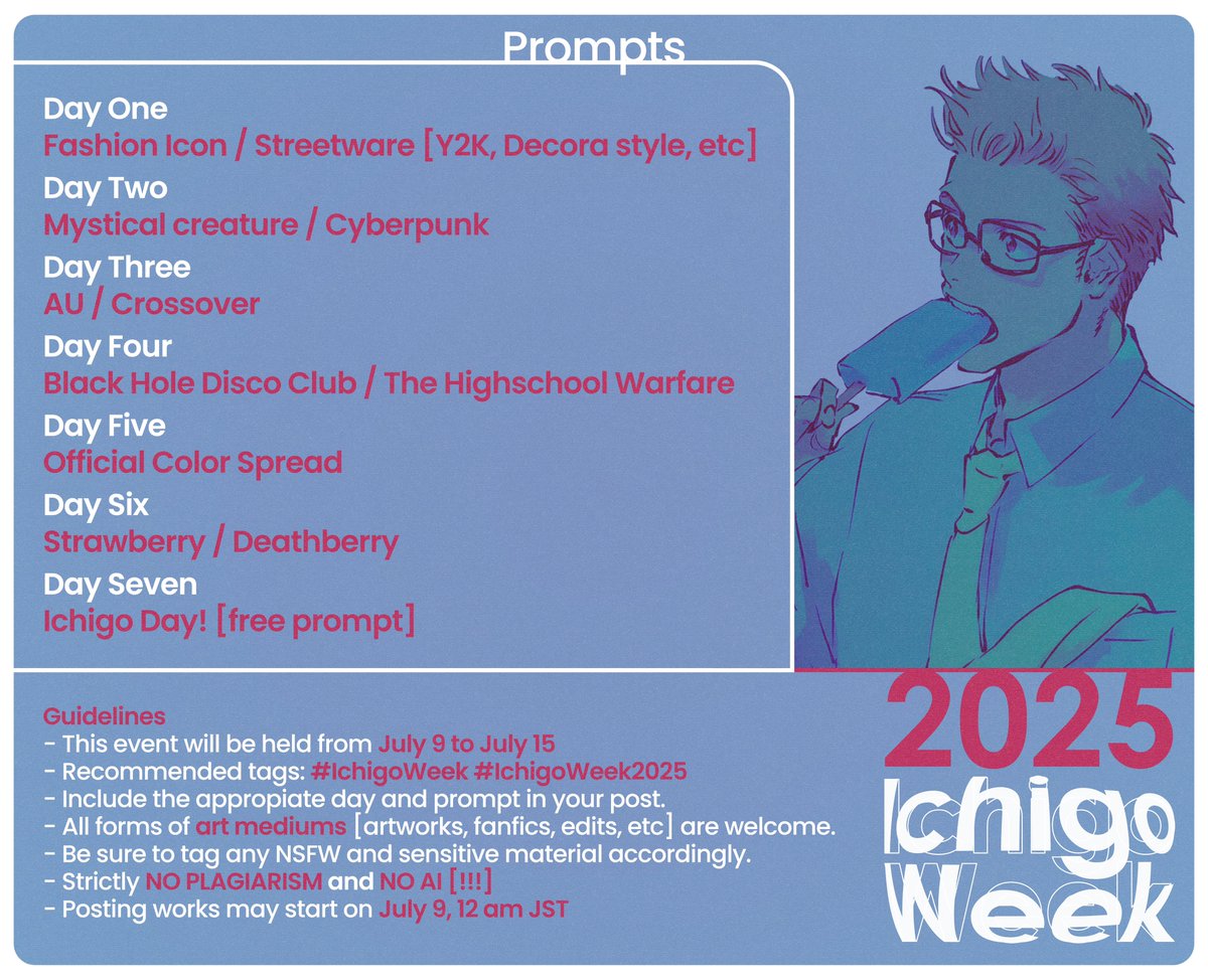 IchigoWeek's tweet photo. I’m happy to share the Ichigo Week 2025 prompts [and guidelines] 🍓 https://t.co/wfNa8ohFzQ