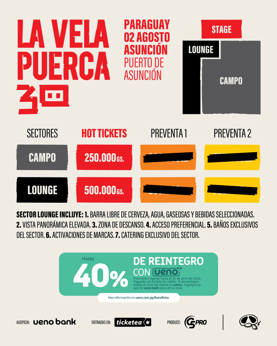 Los 30 de nuestra banda amiga llega al puerto de Asunción 🇵🇾
 Una vez más todos juntos el 02 de agosto para esta gran celebración 🐽🤟🏻
Las ventas inician el miércoles desde las 11:00hs  en todos los puntos de ventas de ticketea o vía web: ticketea.com.py 
#LVP30