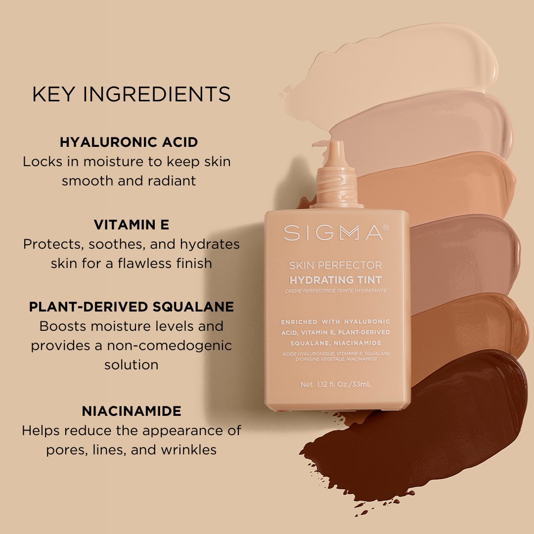 SigmaBeauty's tweet photo. Our Skin Perfector Hydrating Tint is your secret to glowing skin all day! ✨Infused with hyaluronic acid, vitamin E, squalene, and niacinamide, it hydrates, nourishes, and improves skin texture while delivering flawless, breathable coverage. Skincare + makeup in one! 💖 #SkinTint https://t.co/3xUKuKgOYG