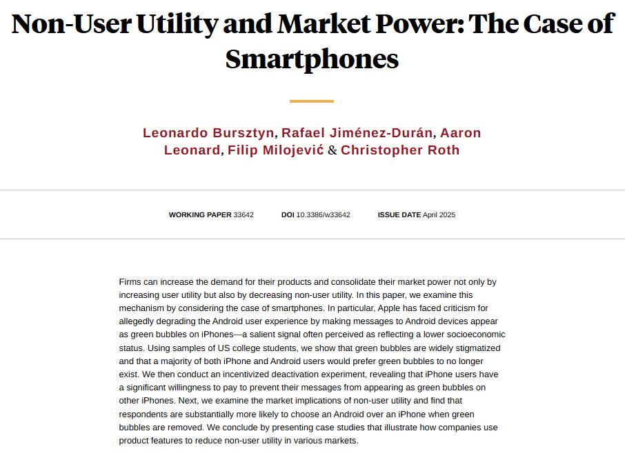 Apple extends its market power in the smartphone market by creating disutility for non-users, from Leonardo Bursztyn, Rafael Jiménez-Durán, Aaron Leonard, Filip Milojević, and @cp_roth nber.org/papers/w33642