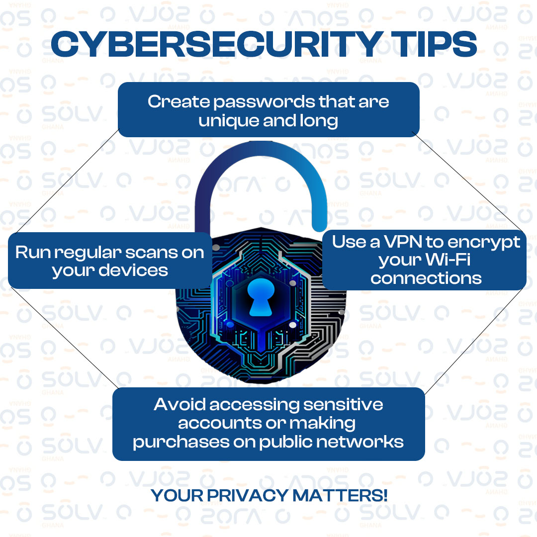 SolvGhana's tweet photo. 🔐 Stay Safe Online with These Cybersecurity Tips!
Protect your data by using strong passwords, scanning devices regularly, using VPNs, and avoiding sensitive activity on public networks.
💻 Your privacy matters—make it a priority! #CyberSecurity #DataProtection #SolvGhana https://t.co/Mq4mhL0ATc