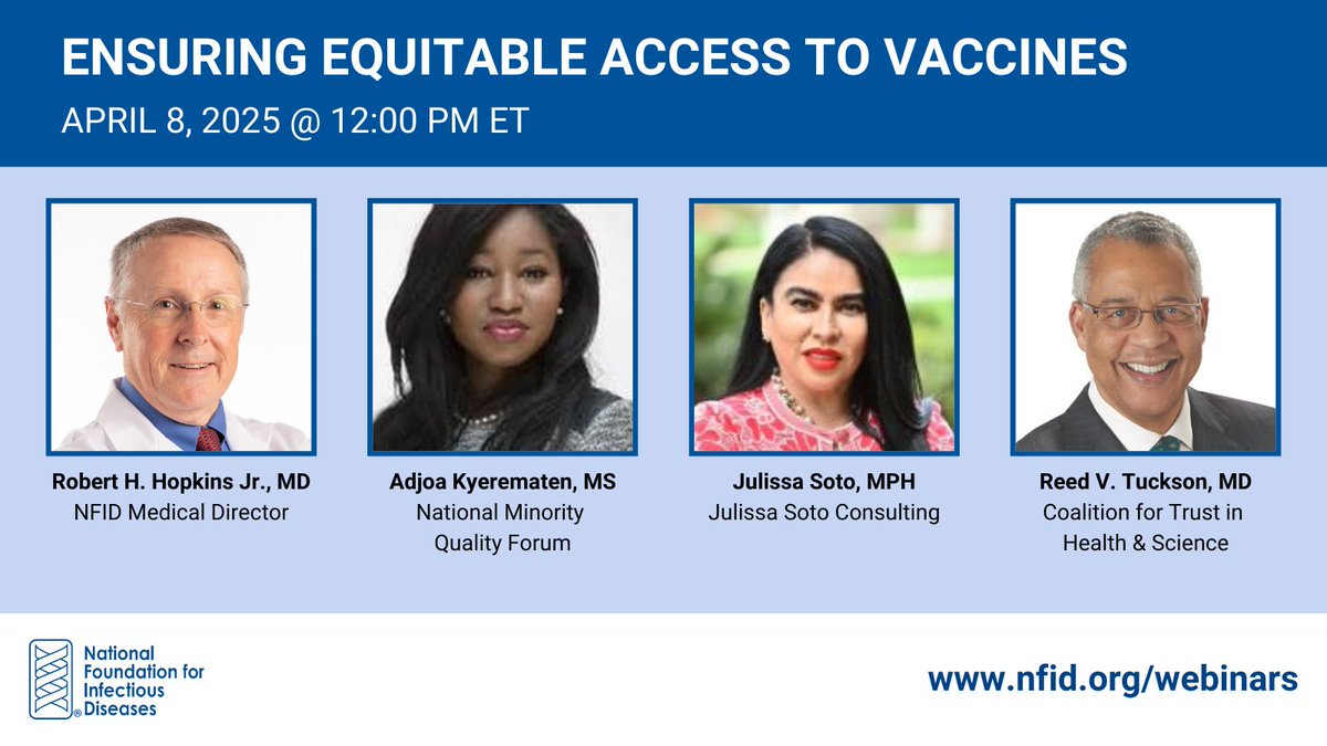 NFIDVaccines's tweet photo. ⏰ 1️⃣ hour left to register for complimentary #NFID webinar on Ensuring Equitable Access to #Vaccines with NFID Medical Director @ARAdultImmDoc @A_Kyerematen @NMQF @DrReedTuckson and Julissa Soto, MPH

Register now to attend: https://t.co/1hz8jdWHz4 https://t.co/hp3XvSDsTj