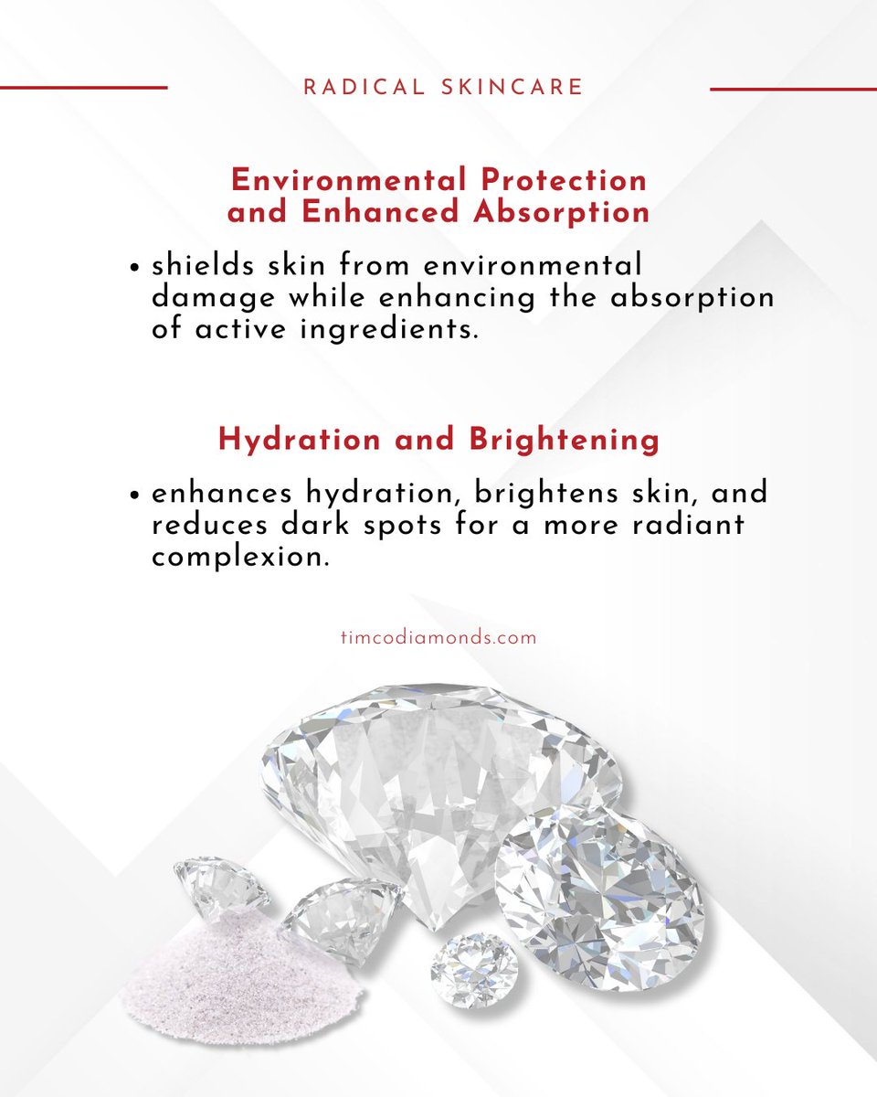This luxurious ingredient gently exfoliates, boosts collagen, enhances hydration, and shields skin from environmental damage—all while improving the absorption of active ingredients. 💎

#RadicalSkincare #DiamondGlow #AgelessRadiance