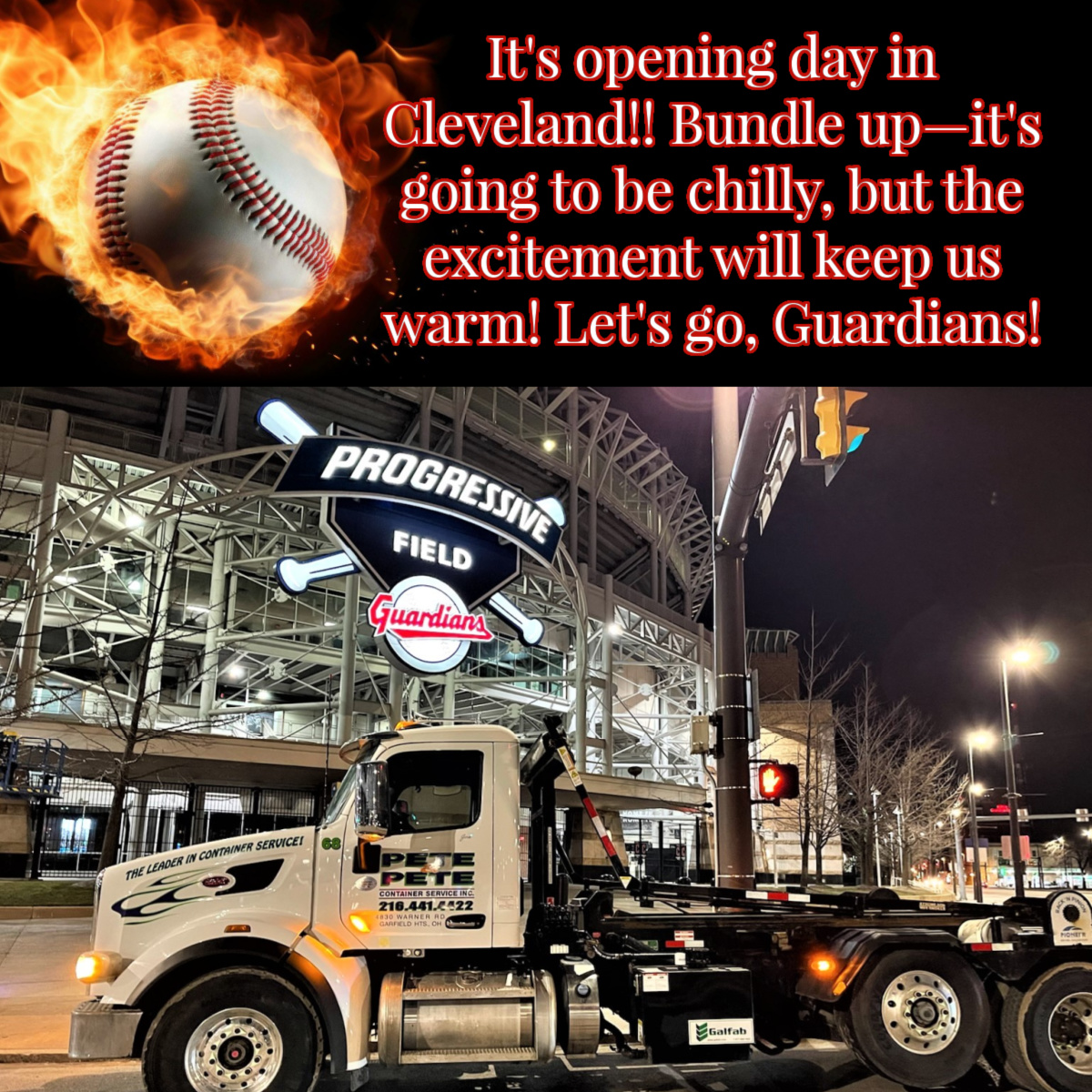 Pete_TheLEADER1's tweet photo. It’s the most wonderful time of the year-opening day for Cleveland baseball! Let’s rally behind the Guardians as they start their quest for an unforgettable season! Comment with your photos if you are lucky enough to attend today! 
#peteandpetecontainerservice
#clevelandguardians https://t.co/F0UiHUEmKP