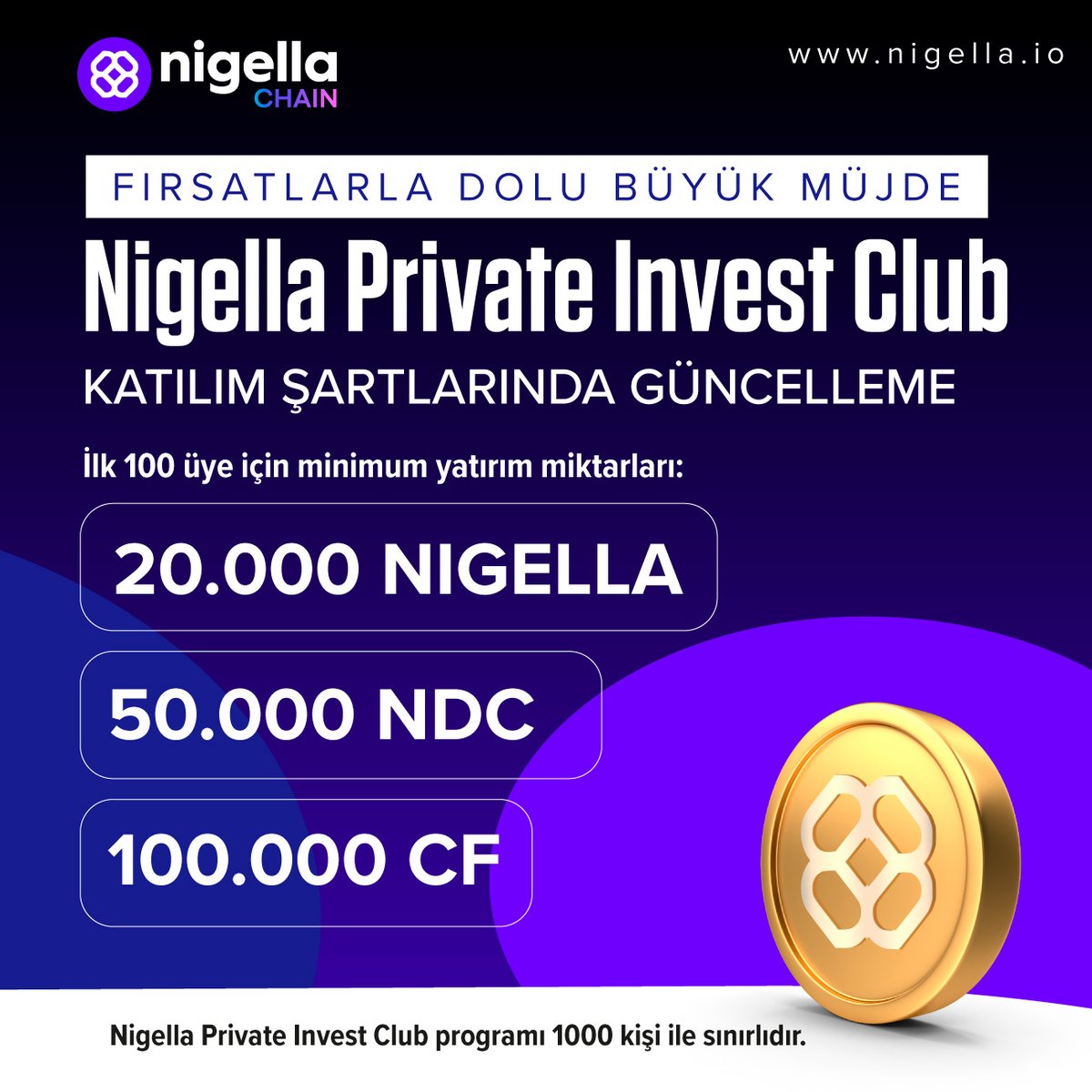 Nigella Private Invest Club’dan Büyük Müjde
Güncellenen Katılım Şartlarıyla Erken Dönem Avantajlarını Kaçırmayın!
Nigella Private Club, finansal sürdürülebilirlik prensibiyle tasarlandı:
🔹 İlk 100 üyeye özel: %7 aylık, %84 yıllık ekstra kazanç hakkı 
🔹 Yatırım riski minimize
