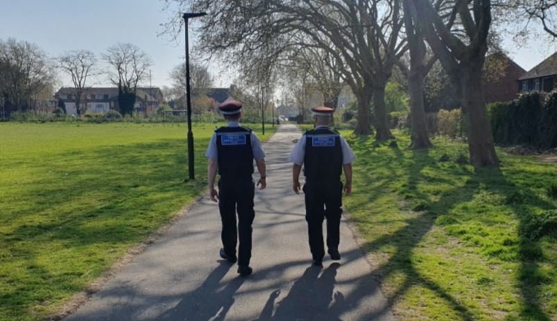 Neighbourhood officers conducting foot patrols earlier in Feltham Parks.