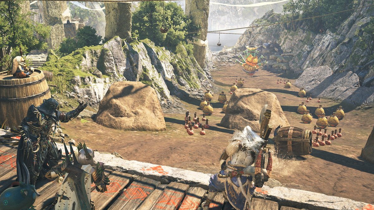 Second view of the Monster Hunter Wilds Barrel Bowling minigame showing a different perspective of the activity