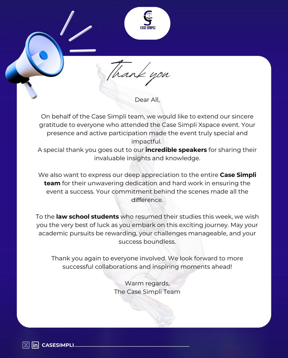 CaseSimpli's tweet photo. Thank you for making the Case Simpli Xspace event special!
Gratitude to all attendees, special thanks to our speakers @Pearzze @sa_badmus @Haqqmutairu @ChibuzorEzenwa2 and our dedicated team!
Best wishes to law school students starting this week.
#casesimpli #nls #success https://t.co/MkVjtTcPST