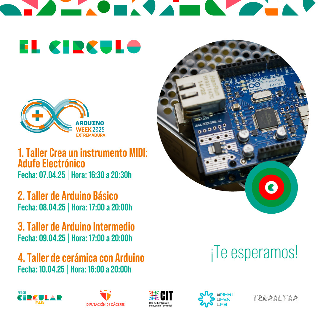 CircularFab's tweet photo. 🚀 ¡Estamos en #ArduinoWeekExtremadura! 
Desde El Círculo, hemos preparado talleres para que explores Arduino:
🔹 Intermedio ⚡ "Electrónica y Programación" → 09/04, 17-20h
🔹 Taller de "Cerámica con Arduino"→10/04, 16-20h
💡 ¡Inscríbete y lleva tus ideas al siguiente nivel! 🔗 https://t.co/DLOEhJGLCK