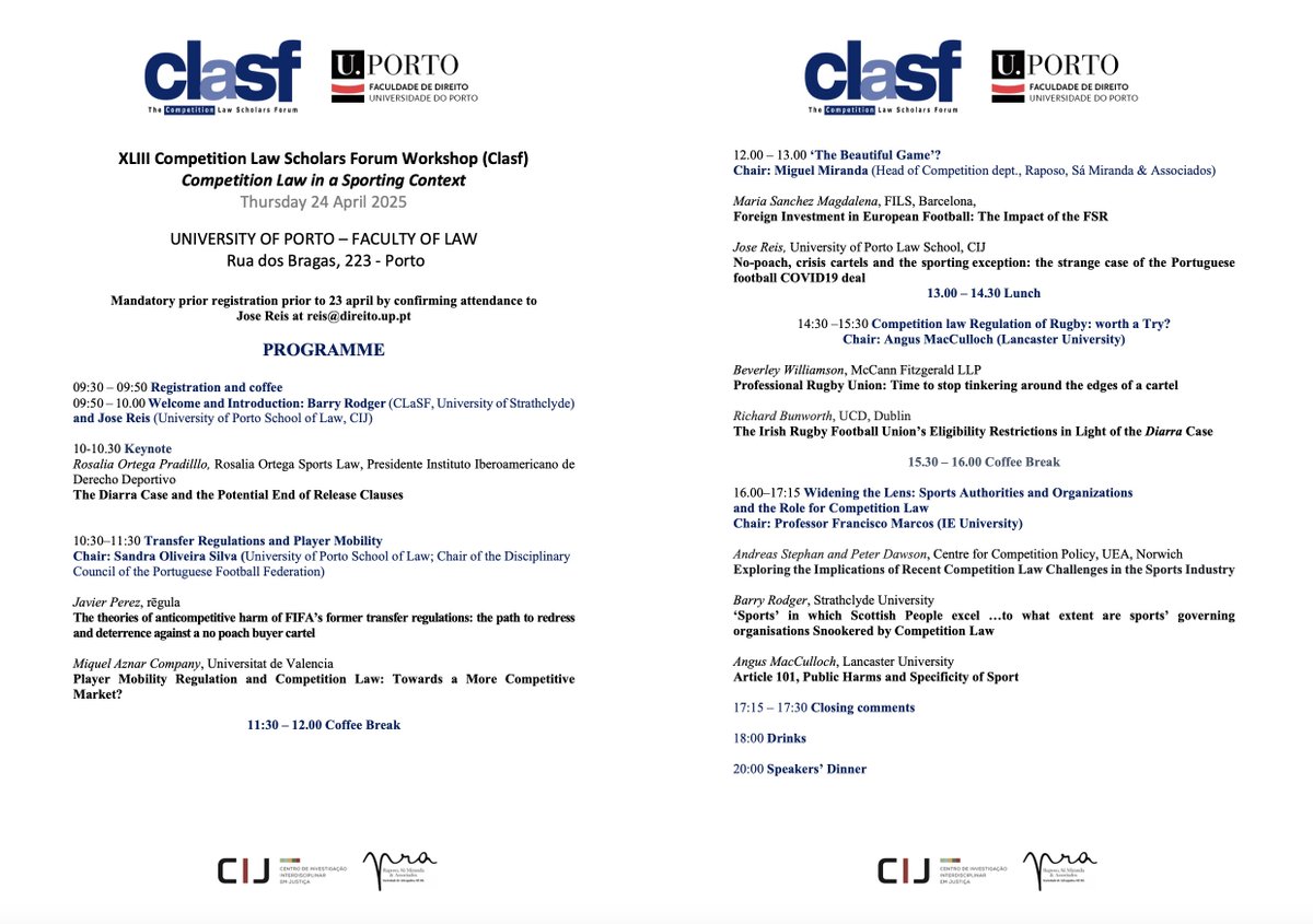 ⚖️⚽️ Competition Law in a Sporting Context
Join on 24 April for XLIII CLaSF Workshop at the <a href="/UPorto/">Universidade Porto</a>  Faculty of Law!
From transfer bans to no-poach deals, from football to rugby— the hottest competition law issues in sport.

📅 Register by 23 April: reis@direito.up.pt