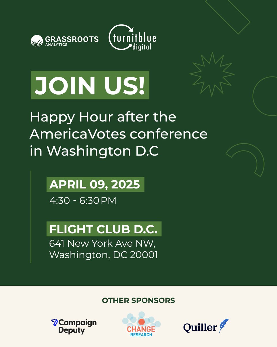 Grassroots Analytics (@grassroots_data) on Twitter photo In DC for the <a href="/AmericaVotes/">America Votes</a> conference? We're co-hosting a happy hour Wednesday at 4:30pm at <a href="/flightclubdarts/">Flight Club Darts</a>. Join us tomorrow! In DC for the <a href="/AmericaVotes/">America Votes</a> conference? We're co-hosting a happy hour Wednesday at 4:30pm at <a href="/flightclubdarts/">Flight Club Darts</a>. Join us tomorrow!