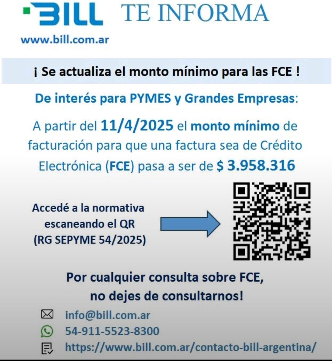 BILL_com_ar's tweet photo. Nuevo monto mínimo para emitir FCE !
.
#factura #pyme #pymes #financiamiento #factoring #digital #BILLGroup #SomosBILL https://t.co/pgBMxUvHIR