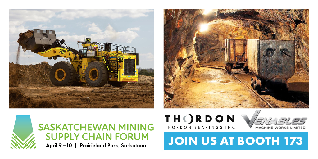 ThordonBearings's tweet photo. Save the date! Join Thordon’s distributor Venables Machine Works Inc at the Saskatchewan Mining Supply Chain Forum from April 9-10th to learn how Thordon's proven polymer bearings continually outperform traditional greased bushings. #Mining #SaskatchewanMiningForum #mscf https://t.co/rb77c4UW0V