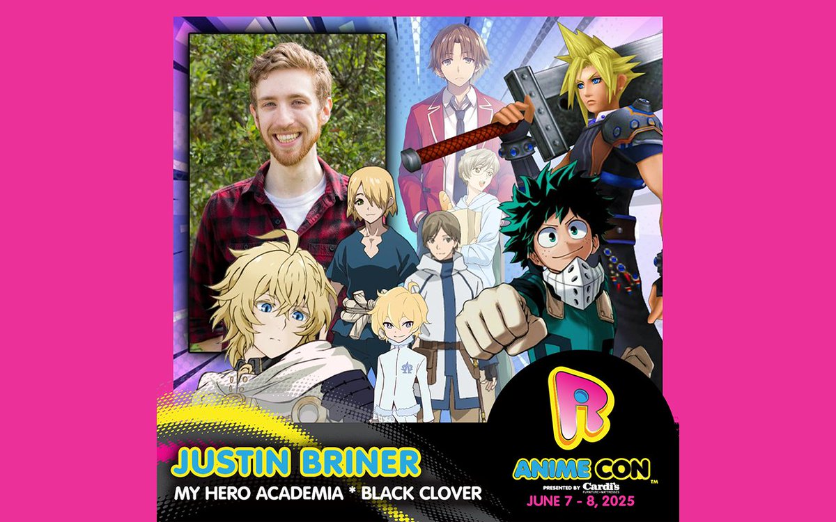 rianimecon's tweet photo. Please welcome @justinbriner to #RIAC2025 at the @riconvention! Justin is best known for My Hero Academia as Izuku "Deku." His other credits include Midoriya Mikaela in Seraph of the End, Luck Voltia in Black Clover, Nova in Space Patrol Luluco, Yukito and Yue in Cardcaptor Sakura, Yoichi in Drifters, and Ayanokoji in Classroom of the Elite. Buy tickets now! #mha #blackclover