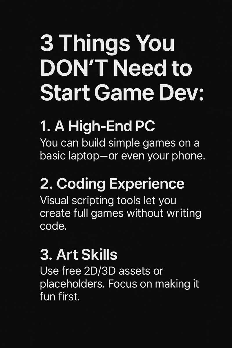 LouisDeSimone3's tweet photo. 3 things you DON’T need to start game dev:

1. You don’t need a high end PC
2. You don’t need to know how to code
3. You don’t need to be good at art. https://t.co/4upLU04kxc
