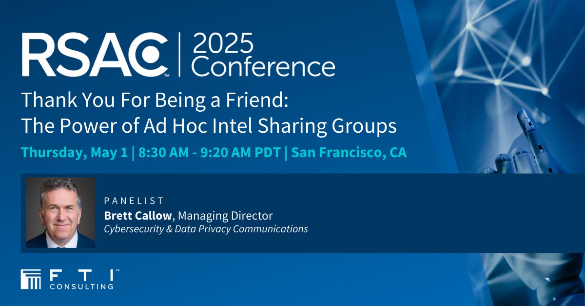 FTI Consulting Strategic Communications (@fti_sc) on Twitter photo Find <a href="/BrettCallow/">Brett Callow</a> at #RSAC2025 where he and industry experts will dive into the benefits of ad hoc intelligence sharing and best practices for engaging with these groups, while mitigating risks. Register today: bit.ly/4jiNB6a Find <a href="/BrettCallow/">Brett Callow</a> at #RSAC2025 where he and industry experts will dive into the benefits of ad hoc intelligence sharing and best practices for engaging with these groups, while mitigating risks. Register today: bit.ly/4jiNB6a