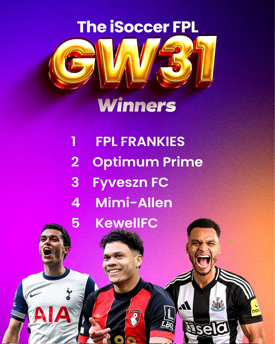 The iSoccer FPL GW31 Winners 🏆 

#FPL #FPLCommunity