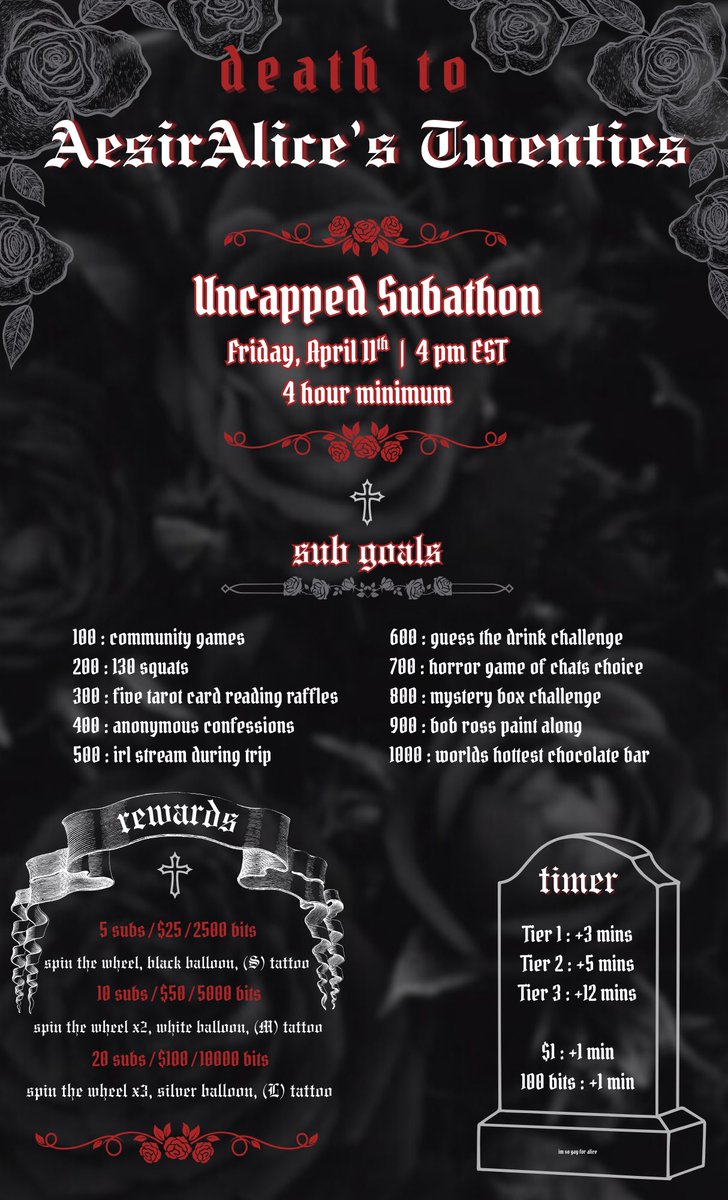 Celebrating a milestone #birthday on #Twitch with a celebration stream this Friday, April 11th at 4pm EST! Uncapped subathon with a 4 hr minimum! All funds go towards my LA trip to celebrate with friends!!! Hope to see you there 🖤🥀 #30s