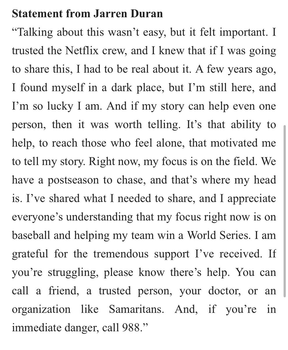 A statement from Jarren Duran on today’s Netflix release.