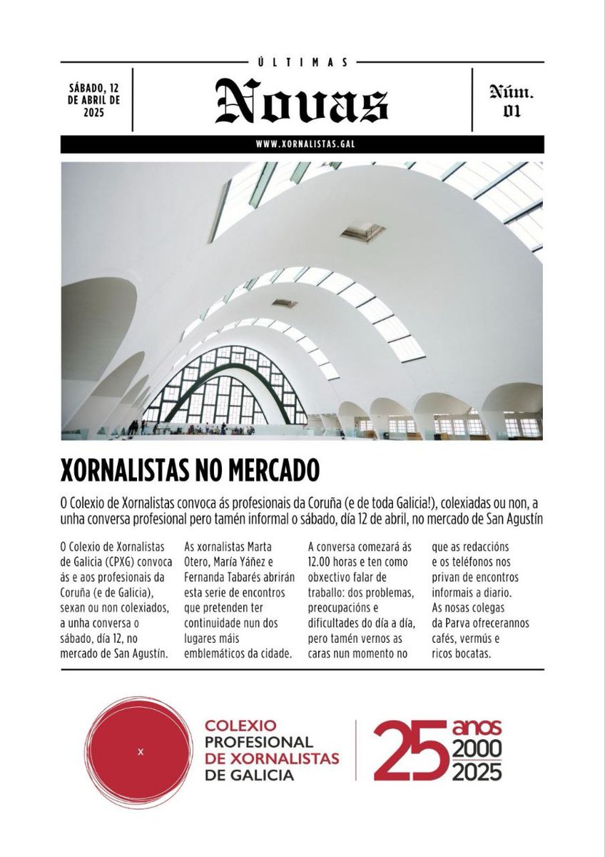 ✒️O Colexio de <a href="/xornalistas/">xornalistas</a> organiza este sábado no Mercado de San Agustín 'Xornalistas no mercado' un encontro para profesionais da Coruña e de toda Galicia, colexiadas ou non.

👉Será a partir das 12.00 horas no primeiro andar

<a href="/ConcelloCoruna/">Concello da Coruña</a> 
<a href="/mercadosacoruna/">Mercados coruñeses</a>