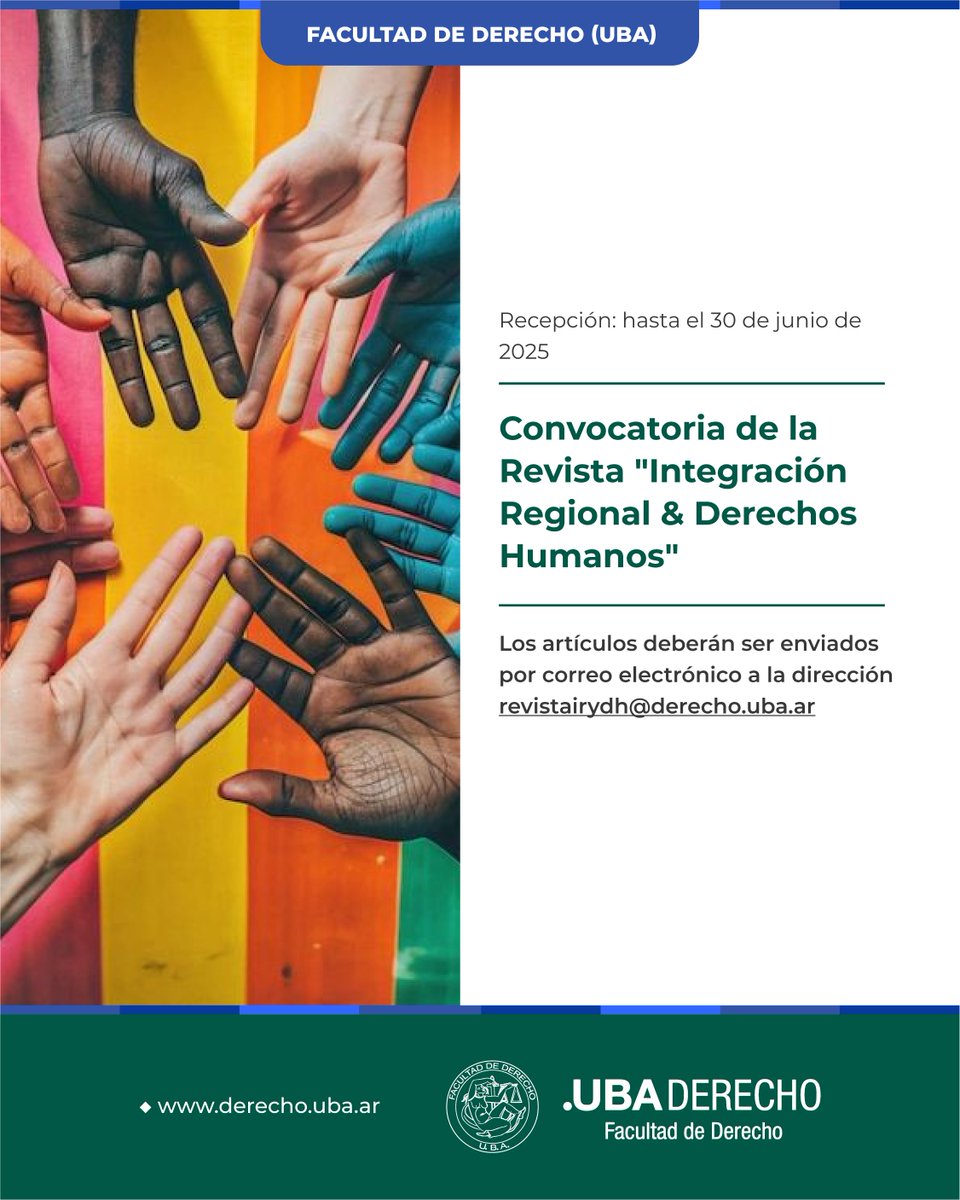 DerechoUBA's tweet photo. 📢📚 Convocatoria de la Revista "Integración Regional &amp; Derechos Humanos"

📅 Recepción de artículos hasta el 30 de junio

➕ Más información: https://t.co/VW2OkS7NXQ

#ConvocatoriasVigentes #Revista #IntegraciónRegional #DerechosHumanos https://t.co/Ly5L3vWIIE
