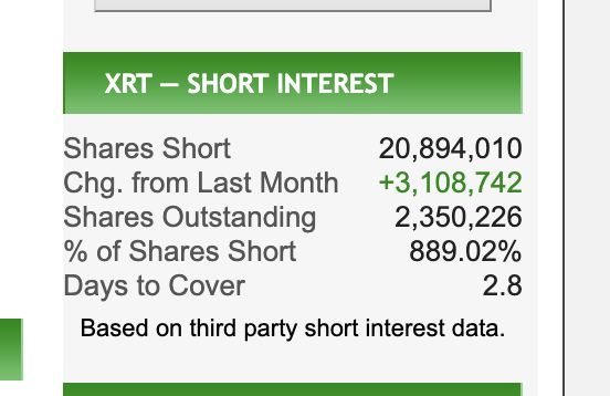 SwamiKnows_'s tweet photo. XRT, an ETF whose shares you can use to redeem for $GME shares, is now shorted at 889% of the float outstanding.  What could go wrong? https://t.co/OxqPsUEaJC