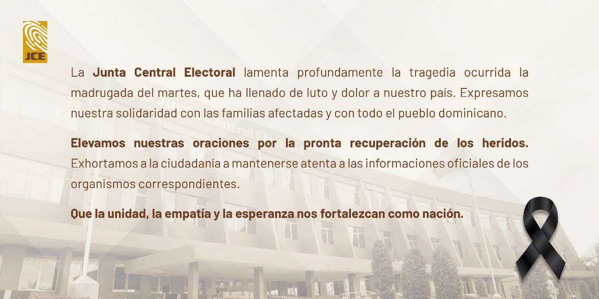 Desde la Junta Central Electoral expresamos nuestro más profundo pesar por la tragedia que ha llenado de luto y dolor a nuestro país, ocurrida la madrugada del martes.

Asimismo, informamos que la #JCE puso a disposición del #INACIF su plataforma tecnológica y base de datos