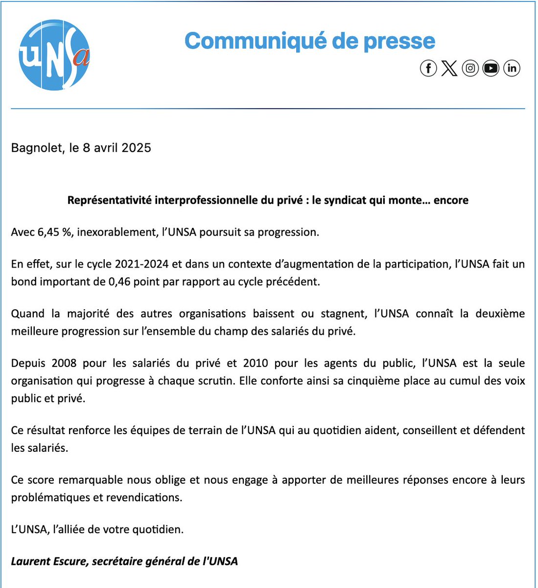 L'UNSA poursuit sa progression dans le Privé et conforte sa place de 5e organisation syndicale.
<a href="/UNSA_officiel/">UNSA</a>  Le syndicat qui monte 💙💙💙